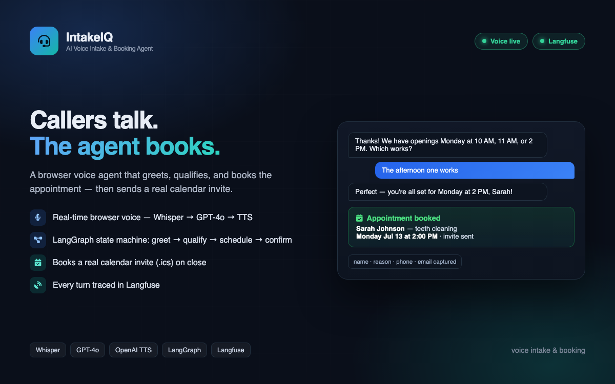 IntakeIQ voice intake and booking agent