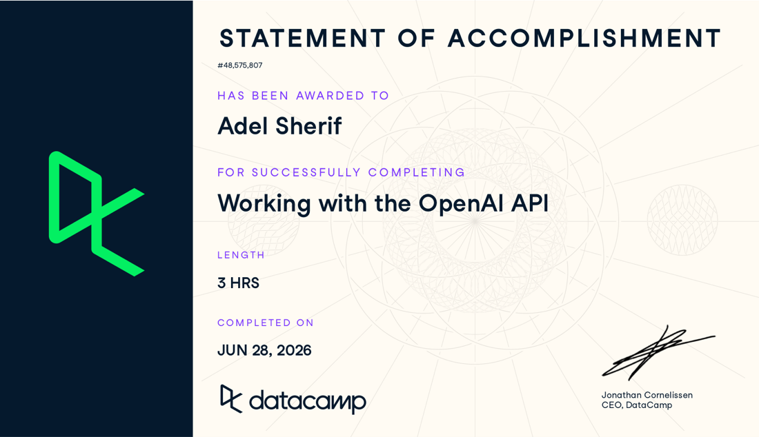 DataCamp Working with the OpenAI API certificate