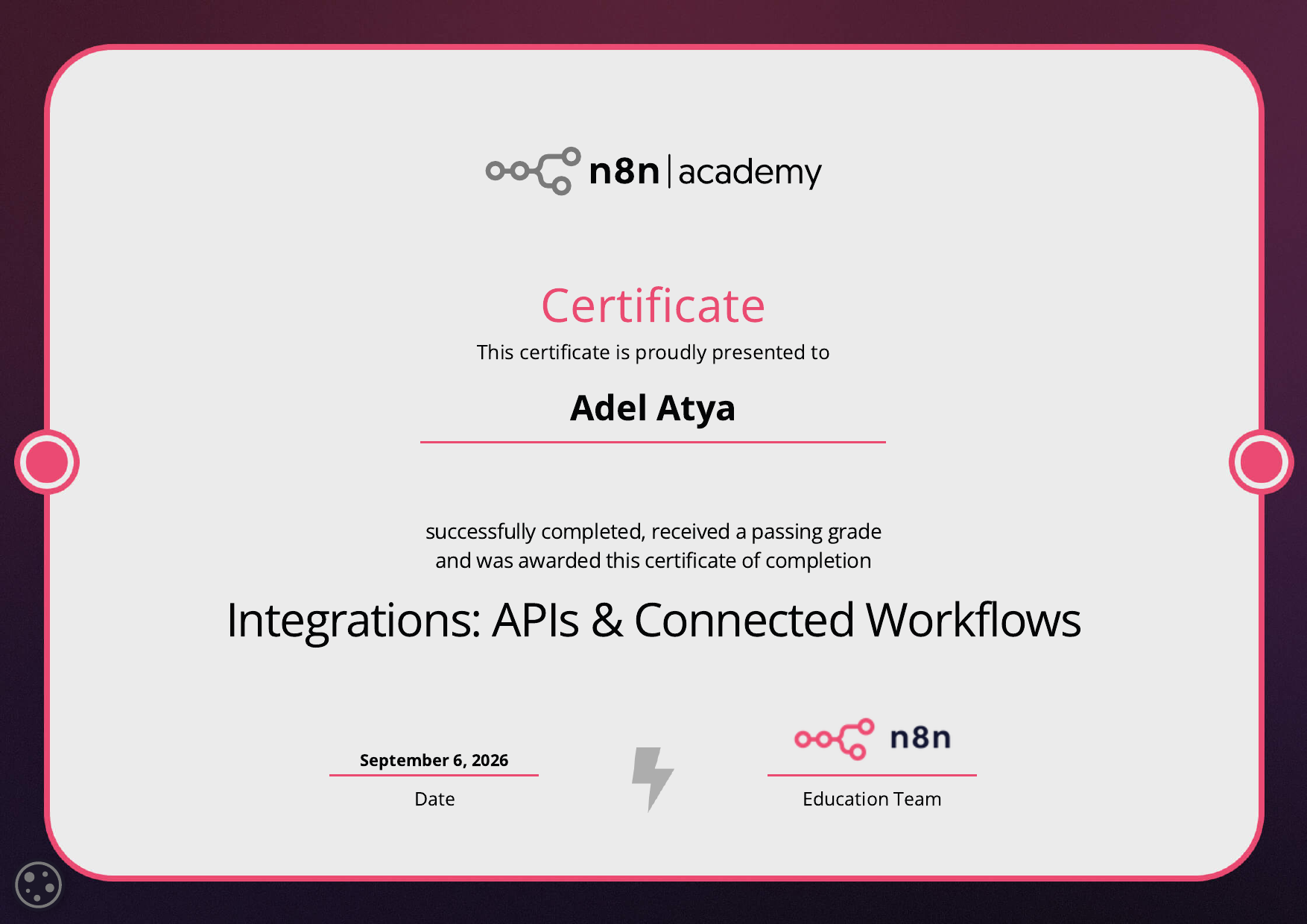 n8n Integrations: APIs and Connected Workflows certificate